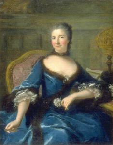 Portrait by Marianne Loir. In almost all of her portraits, Emilie faces her viewers directly, unashamedly, a pose which was highly unusual for women at the time. Notice also she nearly always holds a compass or other elements denoting her scientific passions.